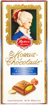 "REBER" Молочный шоколад "AlpenVollmilch" с ореховым пралине и фисташковым марципаном, 100 г